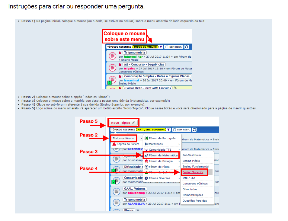 Instruções para postar perguntas no Fórum